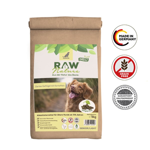 RAW Nature Trockenfutter Senior - Natürlich Kaltgepresst - Huhn & Hanföl 5 kg