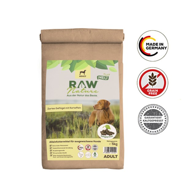 RAW Nature Trockenfutter Adult - Natürlich Kaltgepresst - Huhn & Hanföl 5 kg