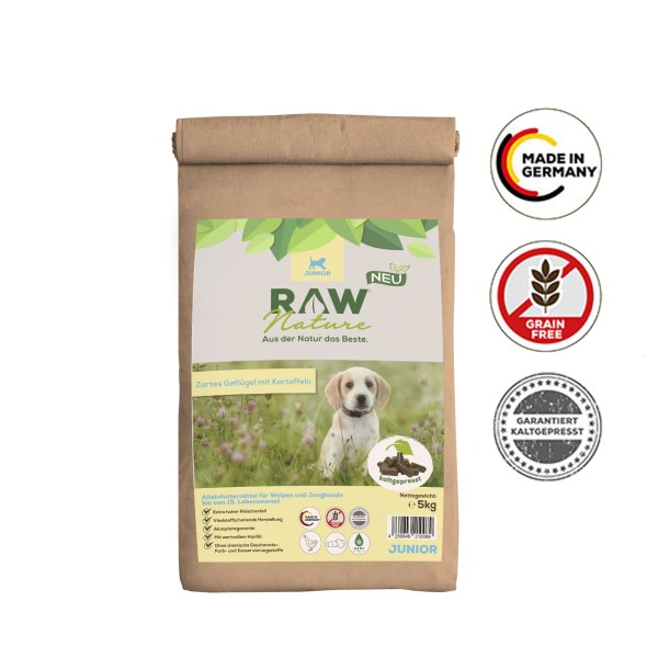 RAW Nature Trockenfutter Junior - Natürlich Kaltgepresst - Huhn & Hanföl 5 kg